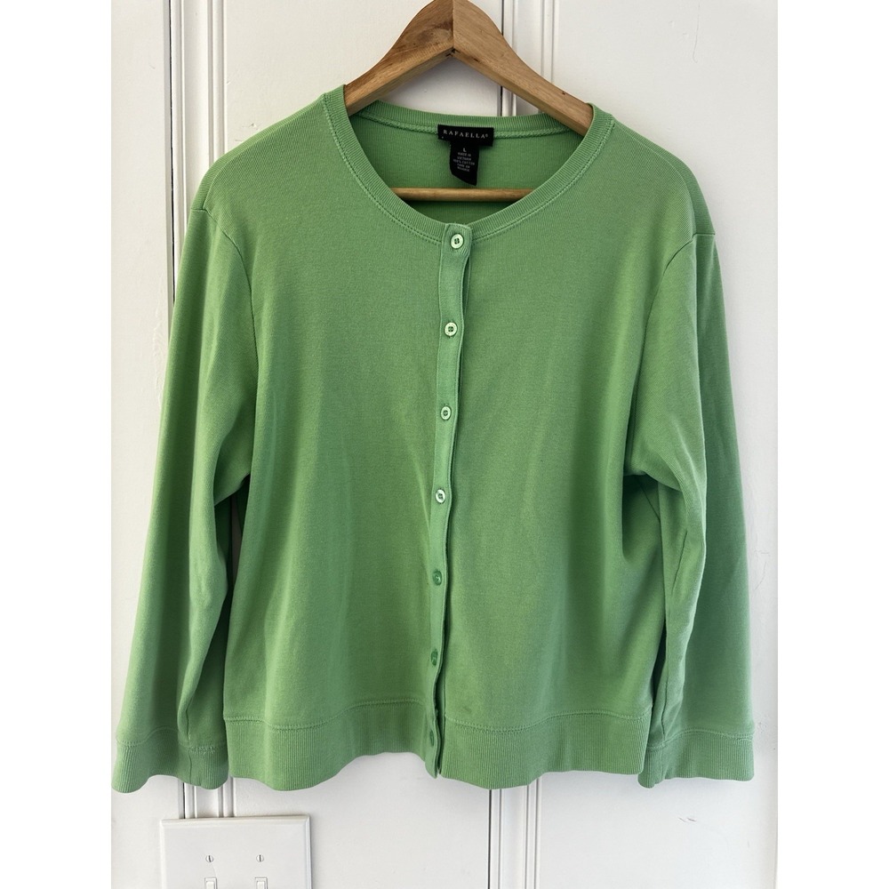 Rafaella Green Cotton Cardigan Large Lightweight Classic Minimalist Layering